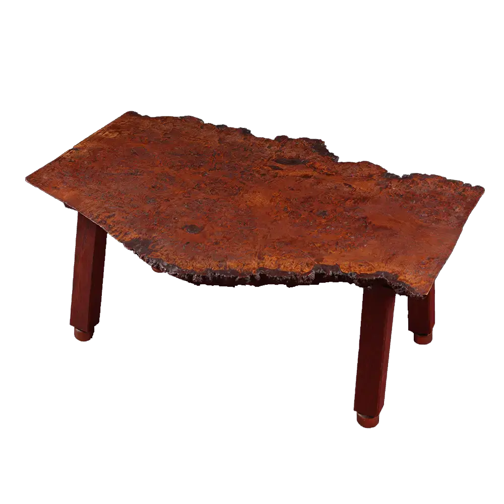 Coffee Table Handcrafted From Solid Burr Walnut With Live Edge showing natural grain tabletop and four oak legs with brass castors.