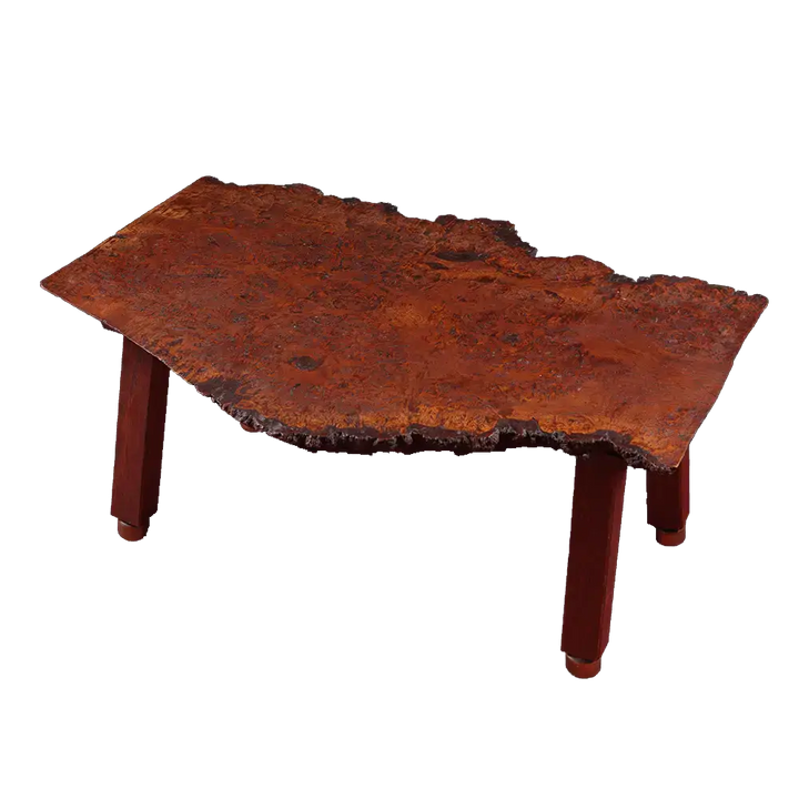 Coffee Table Handcrafted From Solid Burr Walnut With Live Edge showing natural grain tabletop and four oak legs with brass castors.