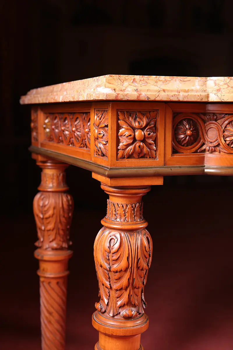 Georges Jacob Satinwood Side Table with carved floral details and breccia marble top in neoclassical style.