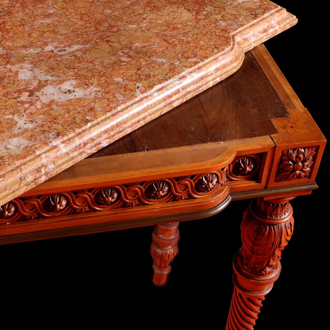 Georges Jacob Satinwood Side Table with shaped breccia marble top and detailed carved floral frieze and fluted legs.