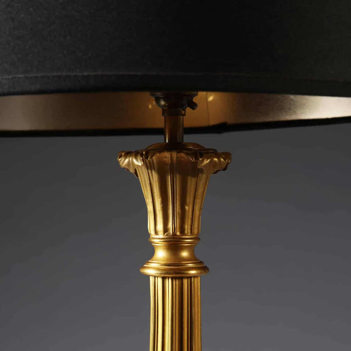 Pair Of French Gilt Bronze And Tole Antique Gold Column Table Lamps featuring gold antique column with black shade close-up detail