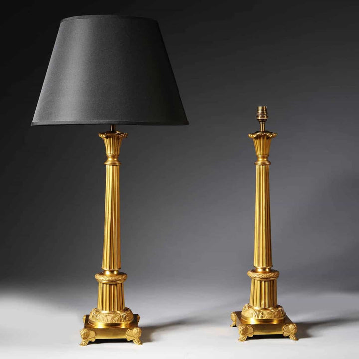 Pair Of French Gilt Bronze And Tole Antique Gold Column Table Lamps with black shade, Art Deco style circa 1930 France.