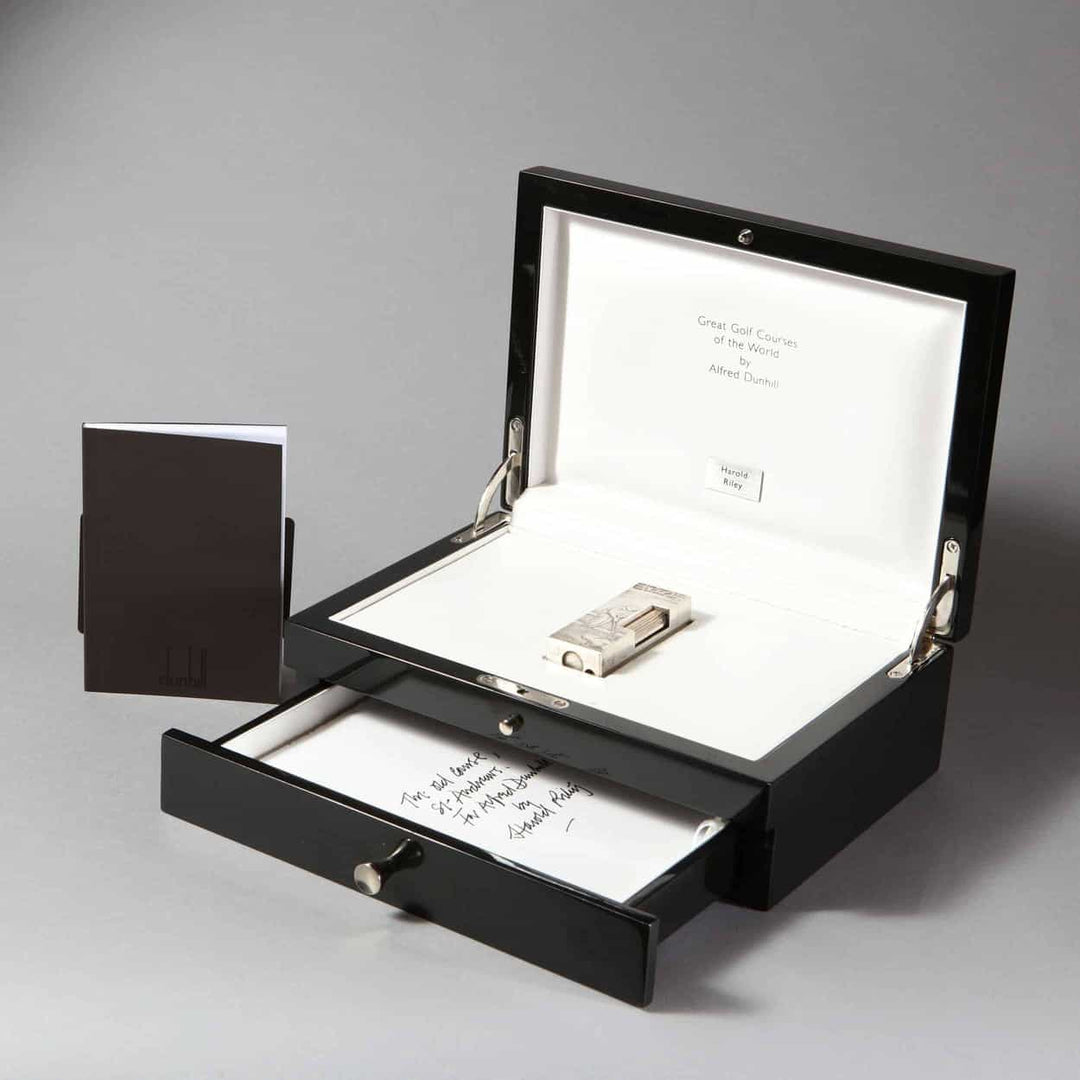 Limited Edition Silver Dunhill 'Great Golf Courses of the World' Cased Cigarette Lighter by Harold Riley