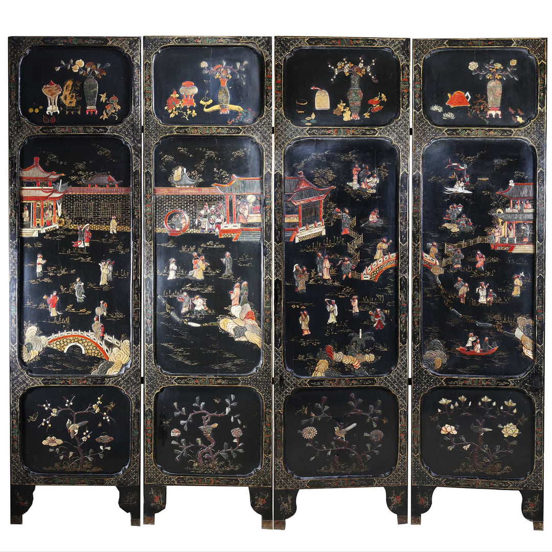Four Fold Chinese Black Lacquer Screen Mounted with Hard Stones