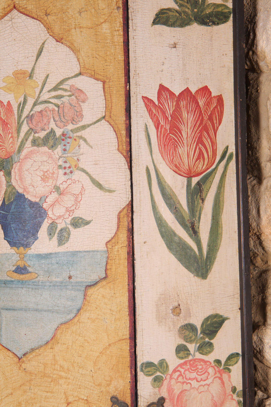 George I Japanned Bow Front Hanging Corner Cupboard with detailed polychrome floral japanning on wooden panels.