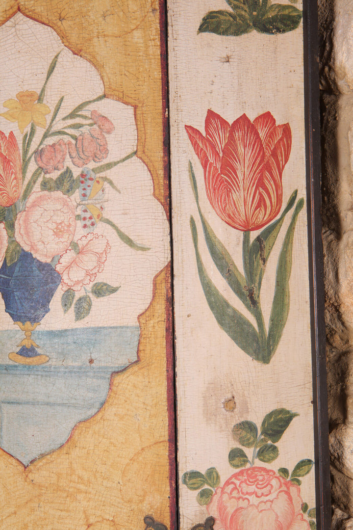 George I Japanned Bow Front Hanging Corner Cupboard with detailed polychrome floral japanning on wooden panels.