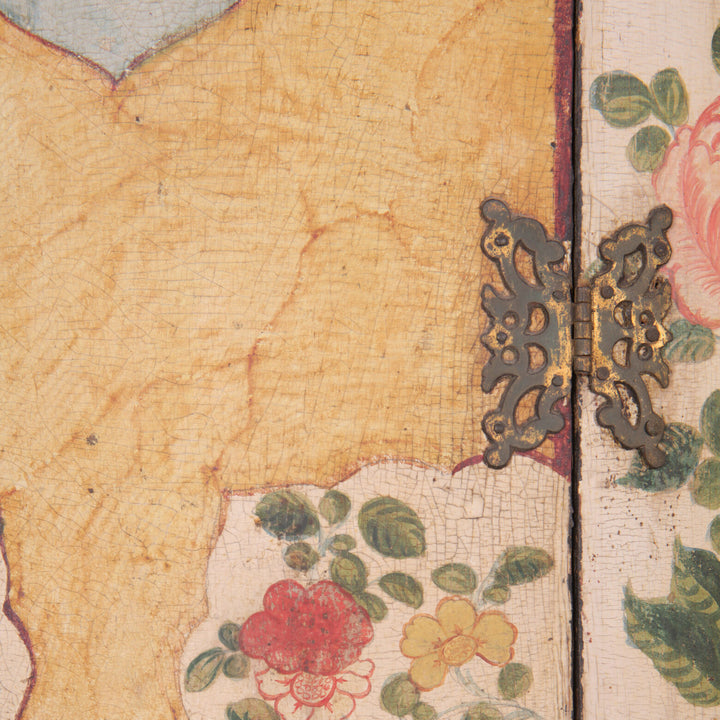 George I Japanned Bow Front Hanging Corner Cupboard with detailed floral japanning and original hardware circa 1680.