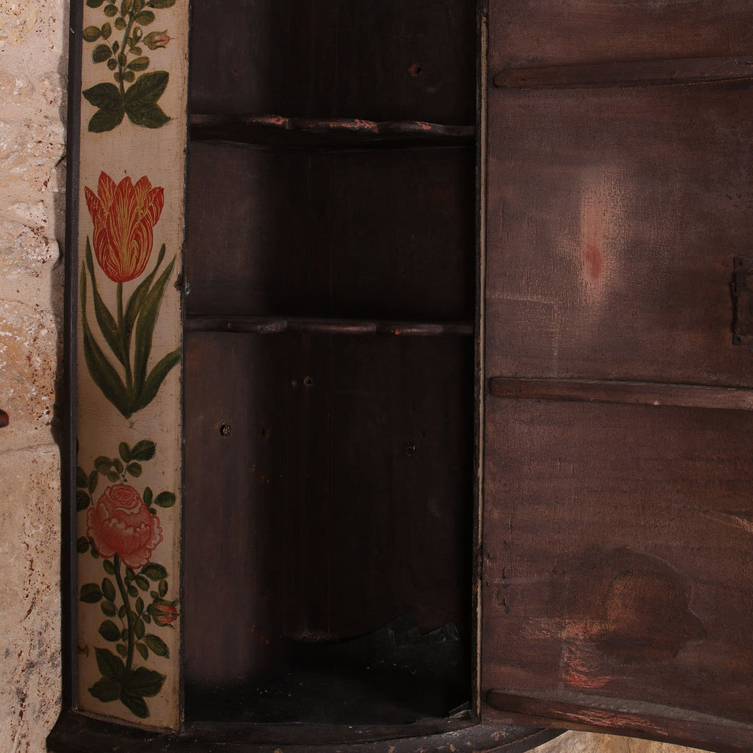 George I Japanned Bow Front Hanging Corner Cupboard with floral polychrome japanning and original paint from 1680 England.
