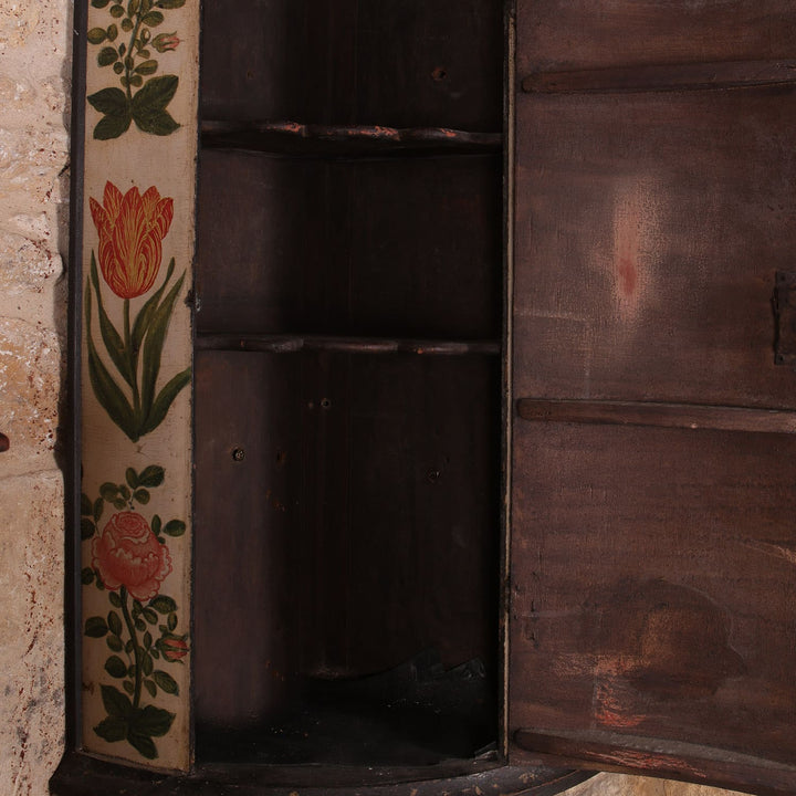 George I Japanned Bow Front Hanging Corner Cupboard with floral polychrome japanning and original paint from 1680 England.