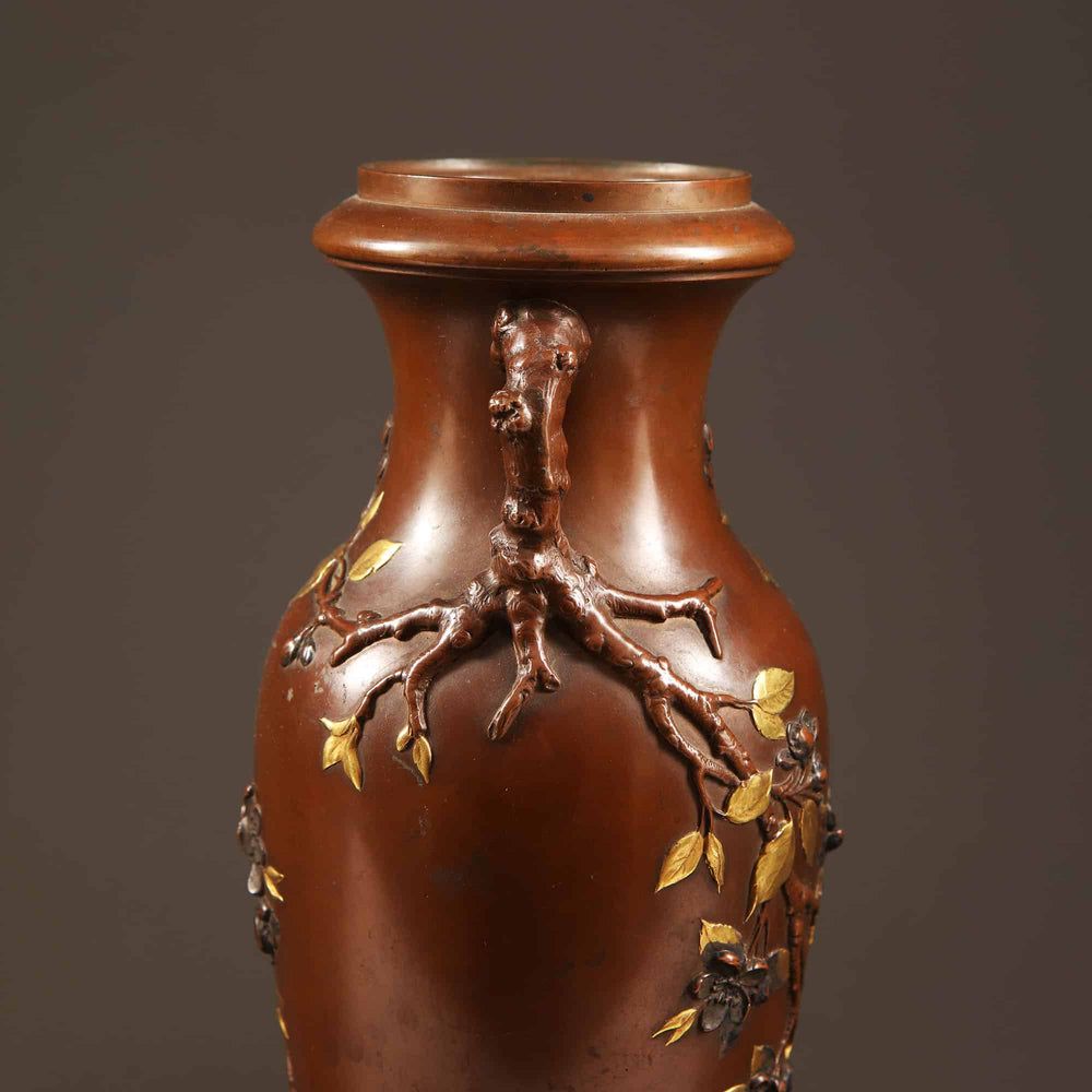 19th-century Japonism bronze vase with floral swags and gilt details on dish by Nicholas Wells Antiques