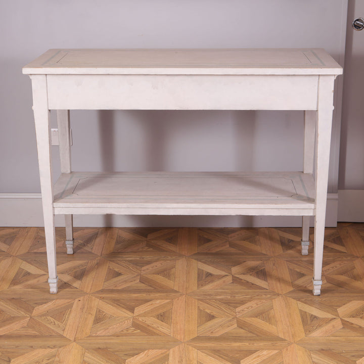 Pair of White Painted Side Tables with tapered legs, lower tier shelf, and blue detailed white paint finish.