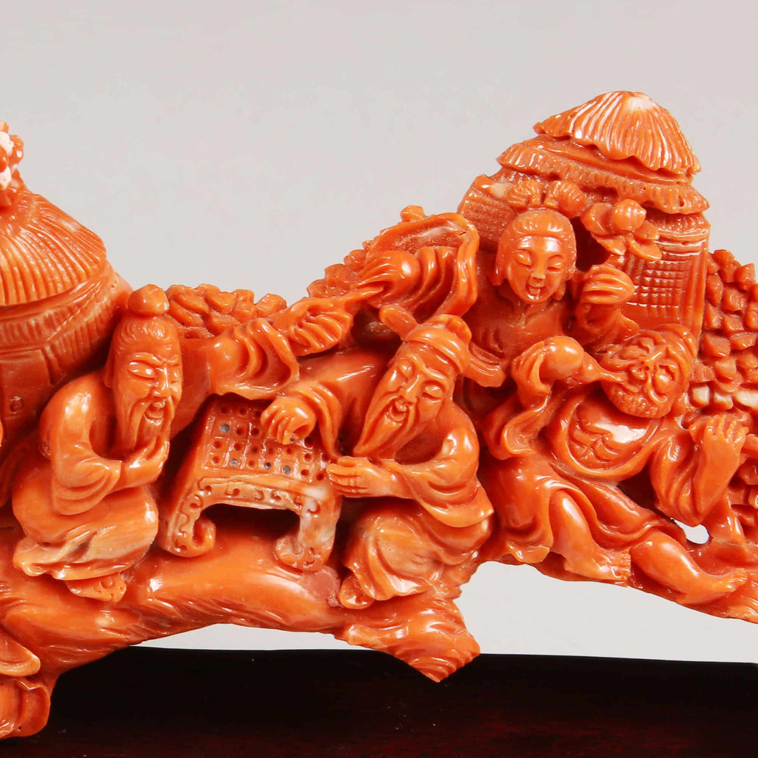 Chinese 20th century carved precious coral group by Nicholas Wells Antiques showing figures playing games and relaxing