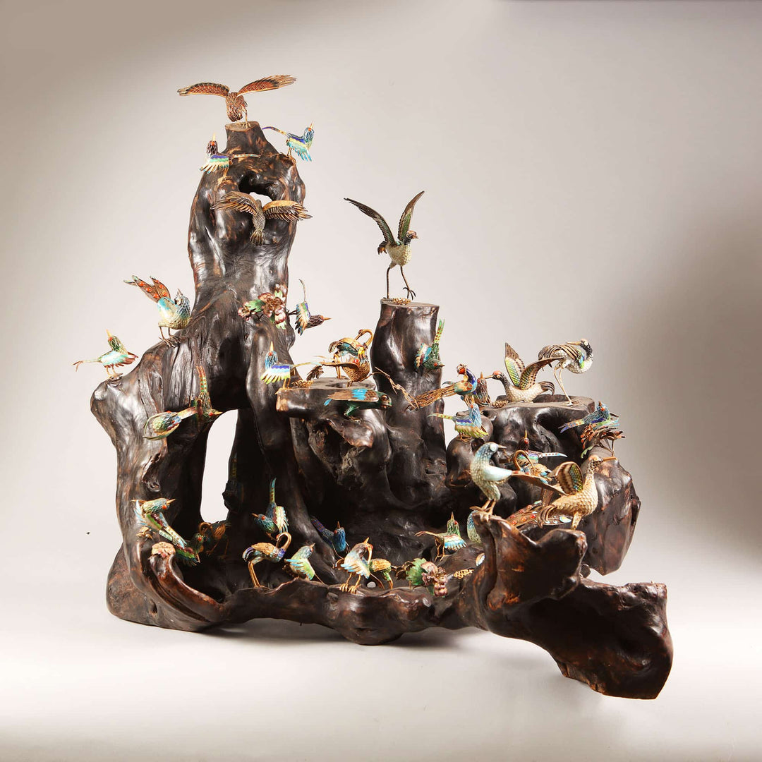 Diorama of 35 Cloisonne Enamel Birds and Tancho Cranes on Rootwood Stand