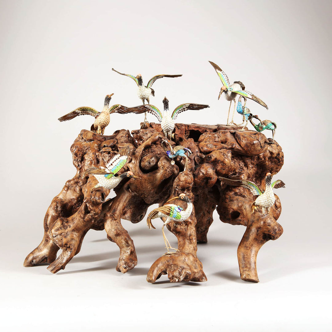 A Chinese Diorama of Cloisonne enamel Tancho Cranes on a root wood stand