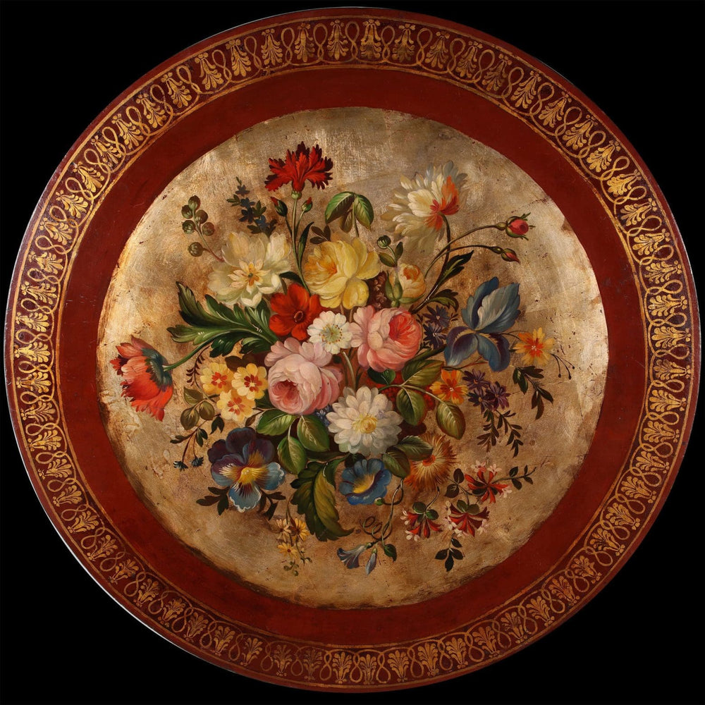 Japanned Tilt Top Occasional Table with gilt floral bouquet on silver-gilt ground and ornate red border.
