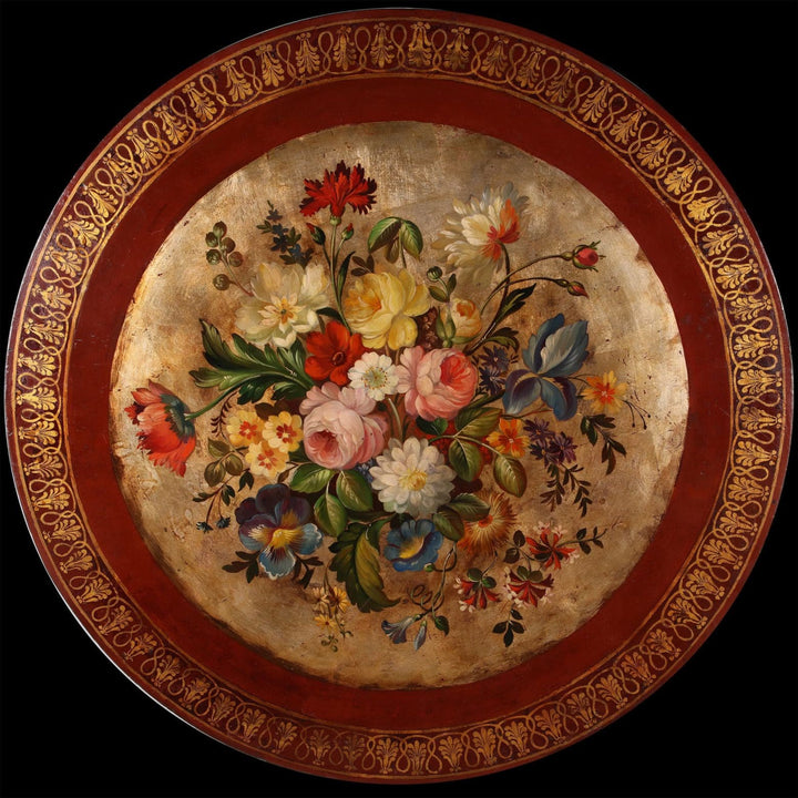 Japanned Tilt Top Occasional Table with gilt floral bouquet on silver-gilt ground and ornate red border.