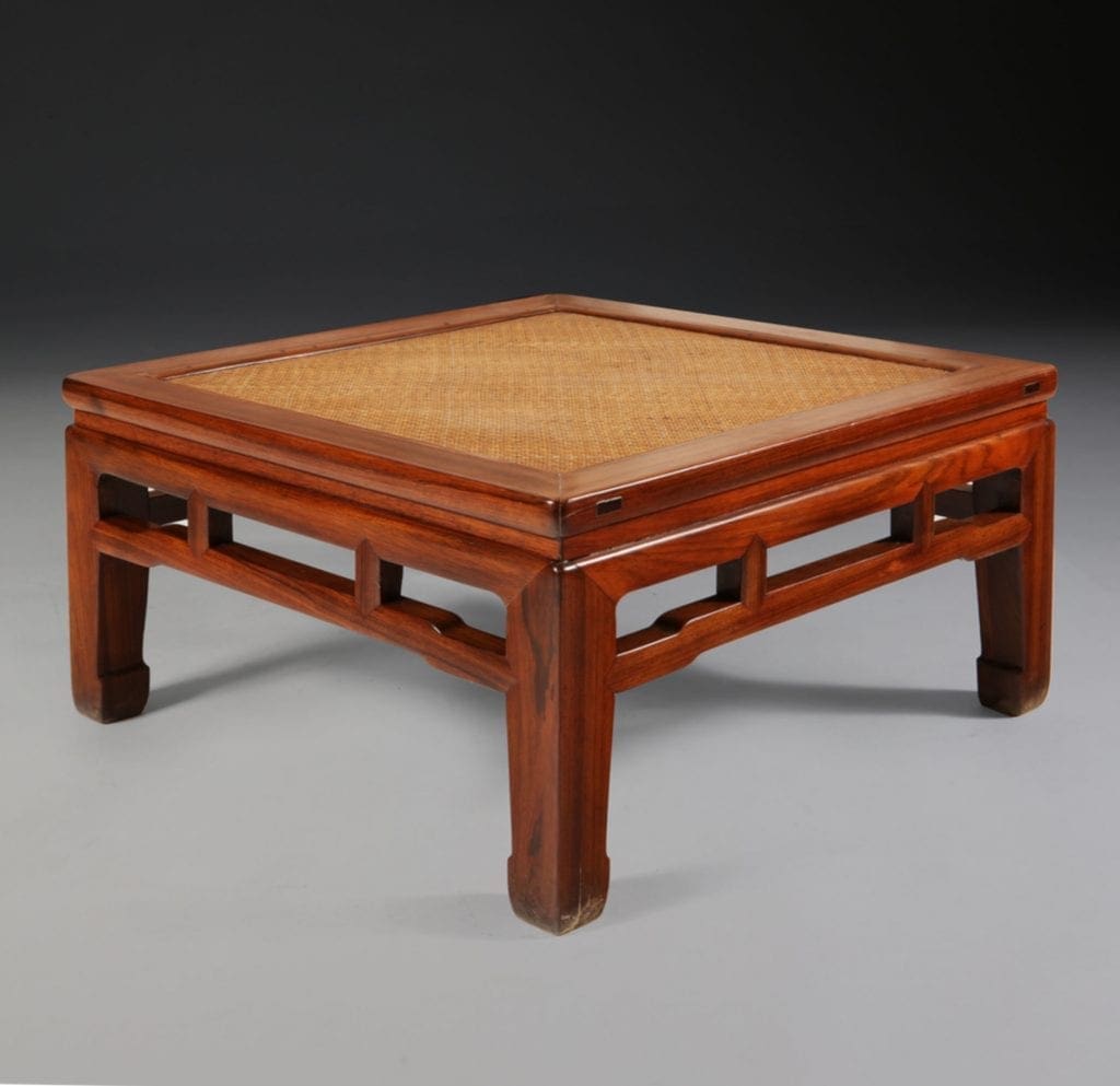 HUANGHUALI SQUARE MEDITATION STOOL, CHANDENG with cane seat and square huanghuali wood frame from China circa 1800.