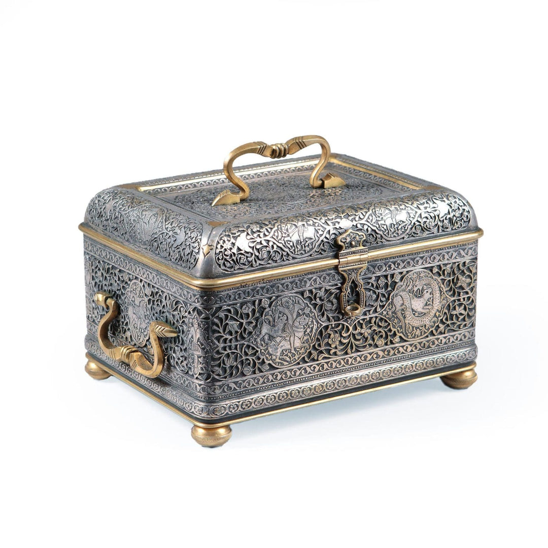 Engraved Qajar Damascus Steel and Gilt Box