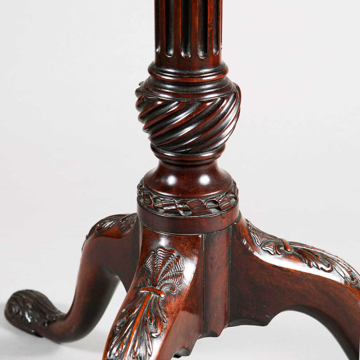 George III Mahogany Tripod Table with carved fluted column base and cabriole legs with marine shell details