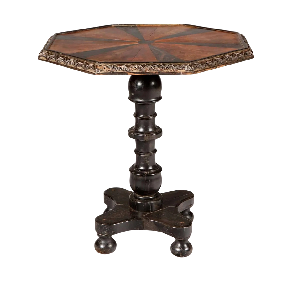 Ceylonese Specimen Wood Occasional Table with octagonal wood inlay top, calamander border, on ebony turned base with bun feet.