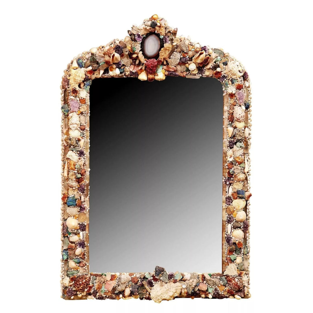 Vintage Crystal and Shell Grotto Mirror featuring shells, corals, stones, and agate on a giltwood frame, circa 1950.