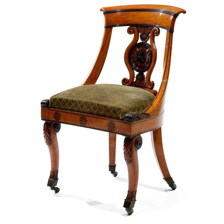 French antique satinwood side chair with lyre splat and green velvet seat by Collection CK20