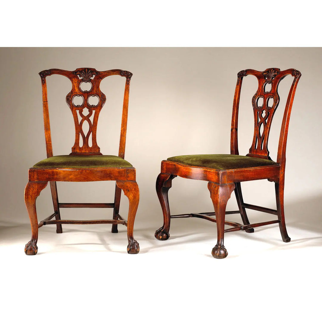 Pair of mid 18th century Philadelphia side chairs with green upholstery by Nicholas Wells Antiques