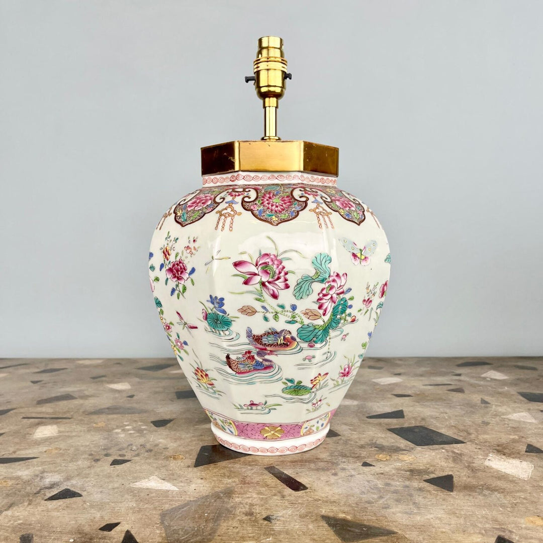 Samson Porcelain Jars Mounted as Table Lamps with famille rose birds, insects, peonies decor, octagonal faceted baluster jars.