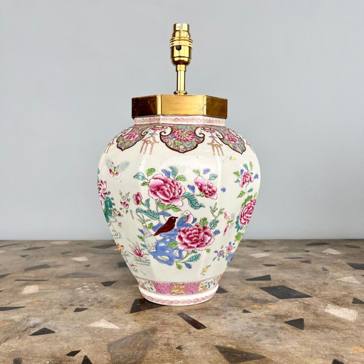 Samson Porcelain Jars Mounted as Table Lamps with famille rose birds and peonies design on octagonal faceted jars.