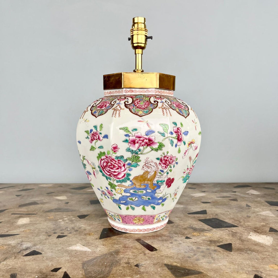 Samson Porcelain Jars Mounted as Table Lamps with 19th-century famille rose birds and peonies design on octagonal jars.