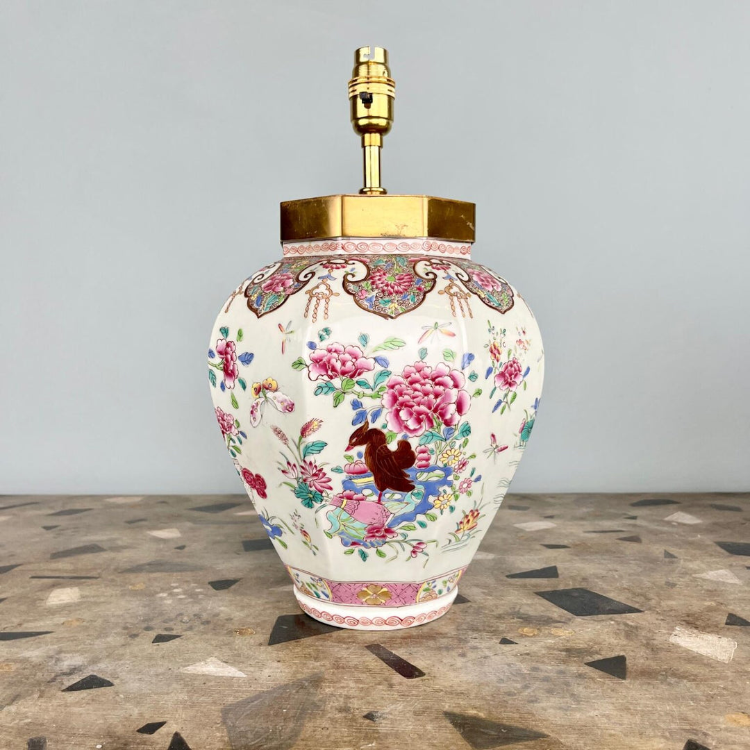 Samson Porcelain Jars Mounted as Table Lamps with famille rose birds and peonies on octagonal baluster jars.