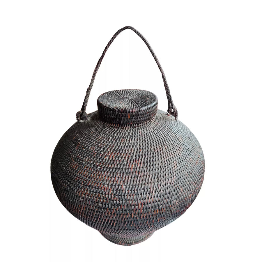Ifugao “Gor-Bun” Rattan Basket with Lid, traditional Filipino woven basket with pedestal base and twisted fiber handle.