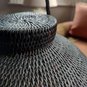 Ifugao “Gor-Bun” Rattan Basket with Lid showing close-up of coiled woven fibers and textured lid handle.
