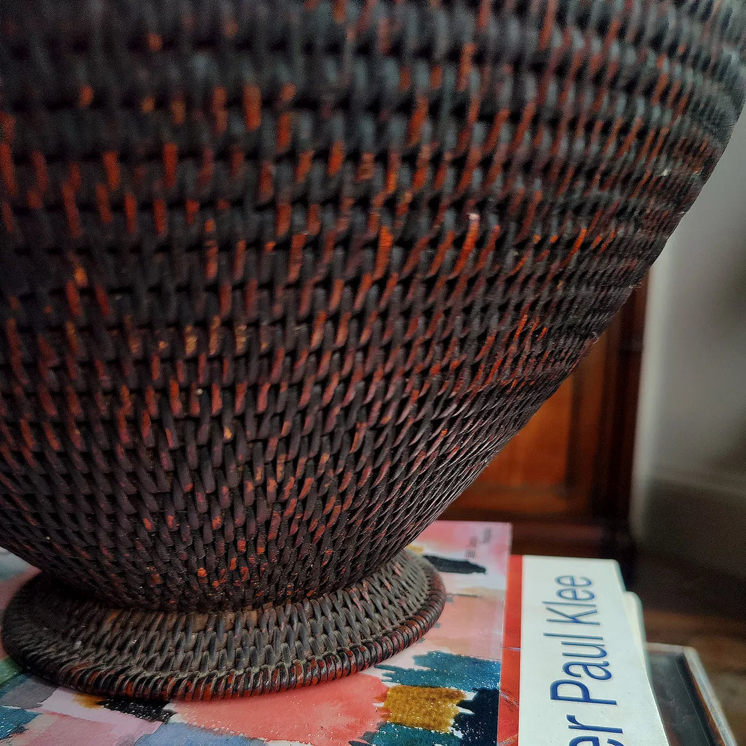 Ifugao “Gor-Bun” Rattan Basket with Lid showing detailed woven pedestal base and textured fibers.