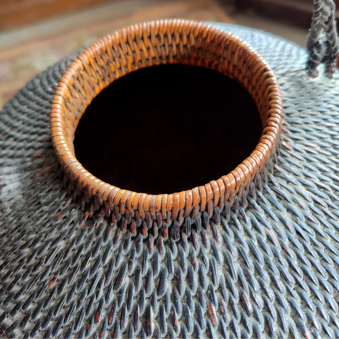 Ifugao “Gor-Bun” Rattan Basket with Lid showing coiled detail and woven fiber craftsmanship from Philippines circa 1900.