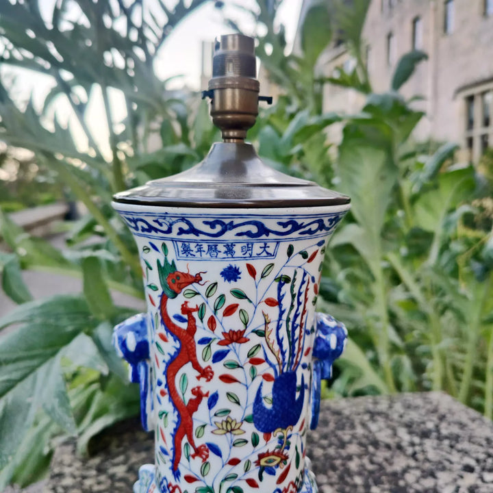 Samson Vase Mounted as a Table Lamp featuring intricate blue and red bird floral patterns on ceramic porcelain.