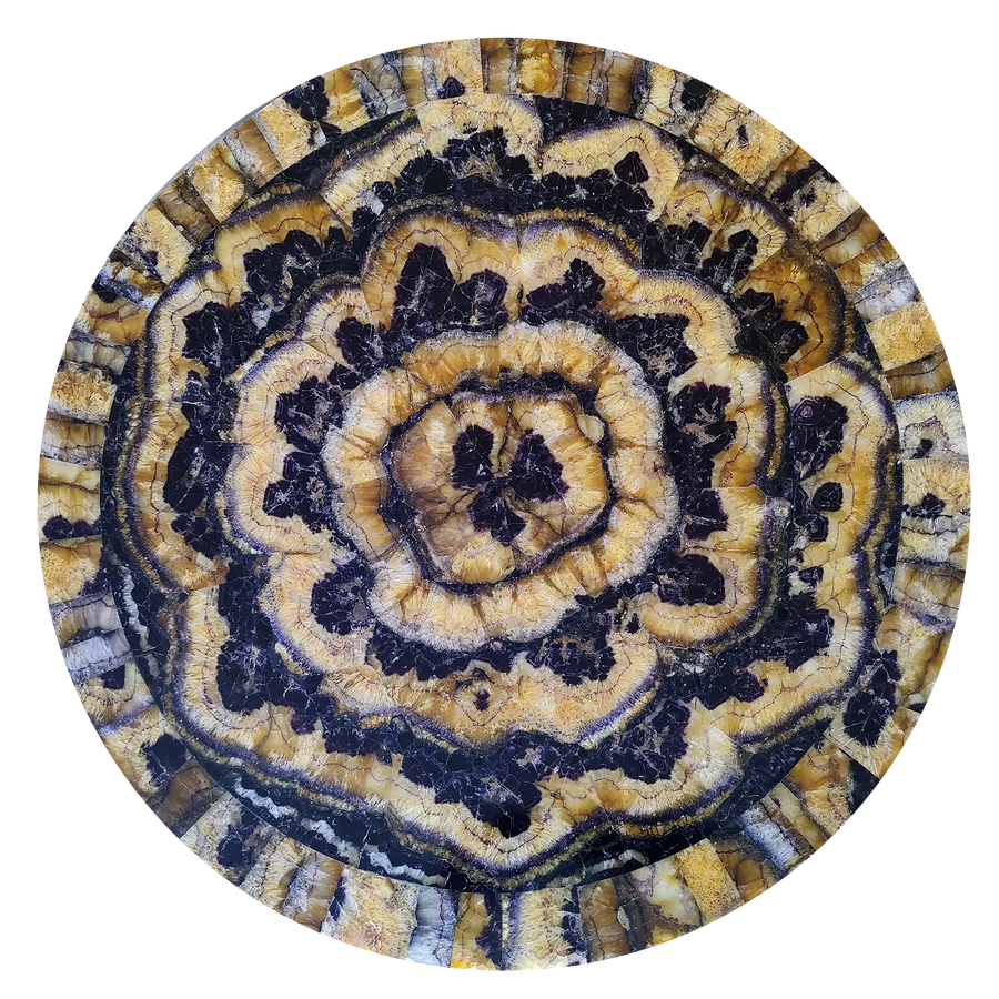 Round Derbyshire Blue John Fluorspar Table Top with concentric blue and yellow rings on white carrara marble.