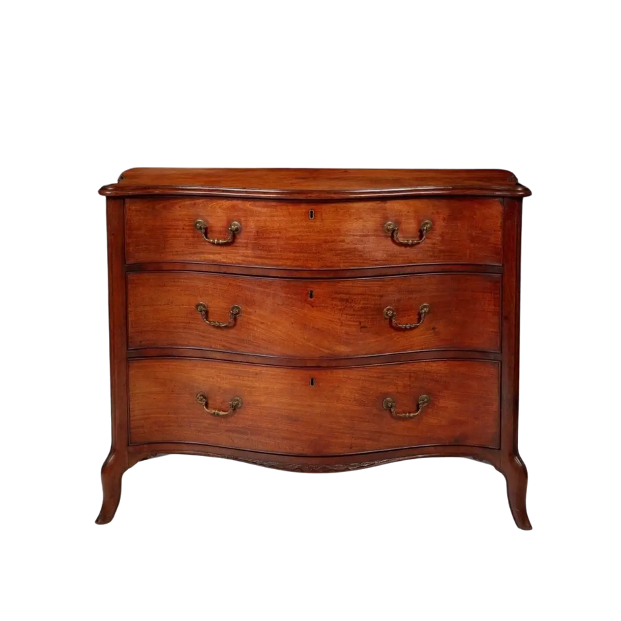 George III serpentine chest of drawers by Henry Hill, mahogany with brass handles, from Collection CK20