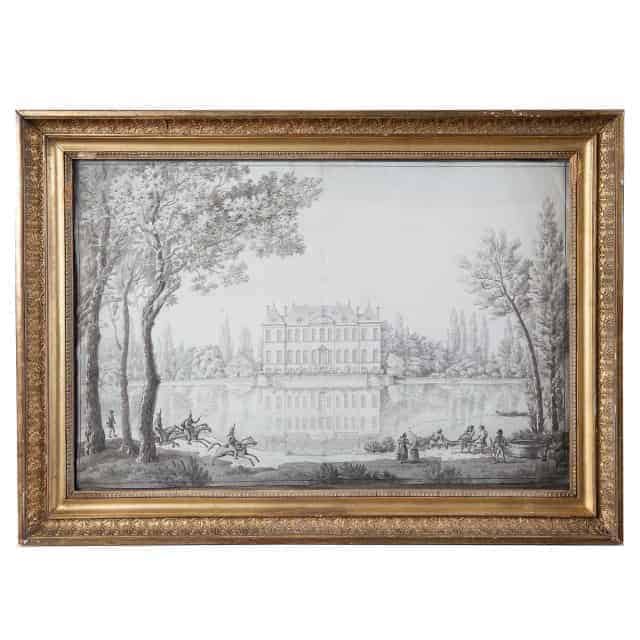 18th Century French Pencil Drawing Of A Chateau In A Landscape
