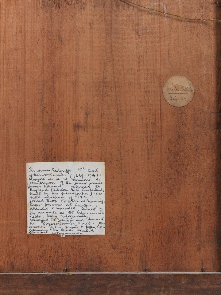 Handwritten historical note on wooden back of 19th century Dilston Hall watercolor from Nicholas Wells Antiques