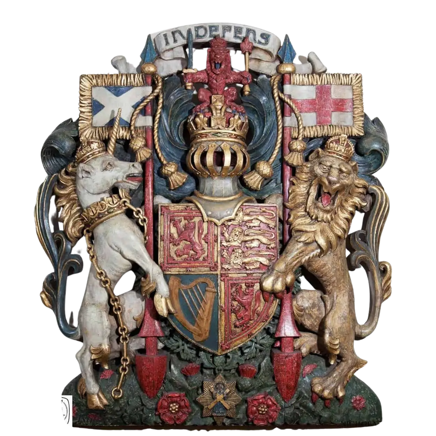 19th Century Royal Coat of Arms sculpture by Collection CK10 featuring lion and unicorn supporters in Victorian style