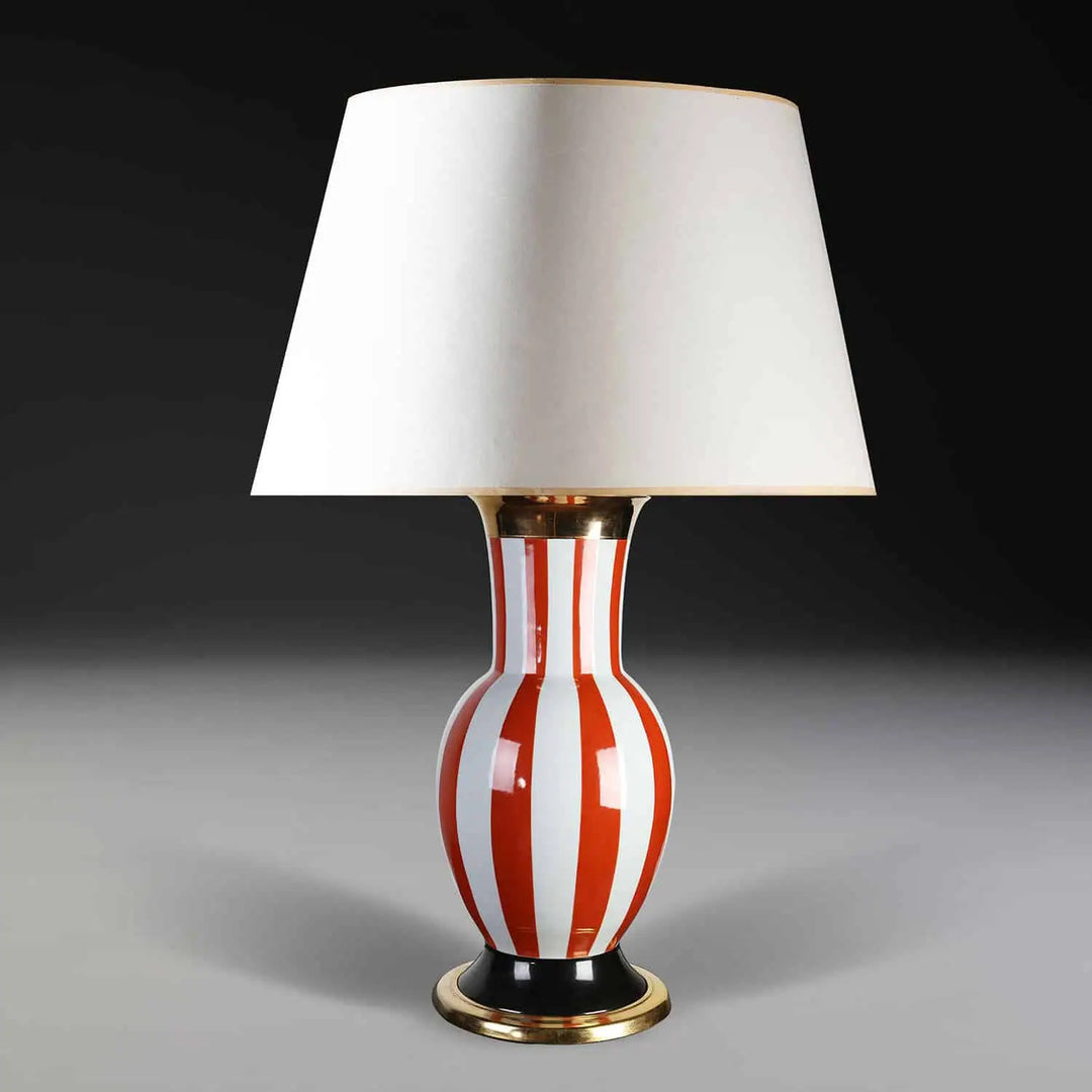 Vintage Table Lamp, Italian Carnival Style, Frédéric De Luca with bold red and white stripes and gold accents.