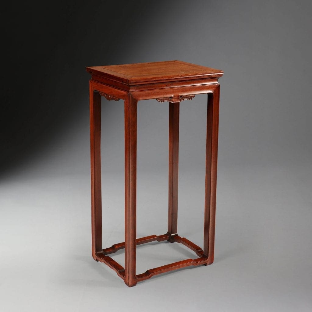 HUANGHUALI INCENSE STAND antique Chinese wood incense stand with elegant square legs and carved apron circa 1800.
