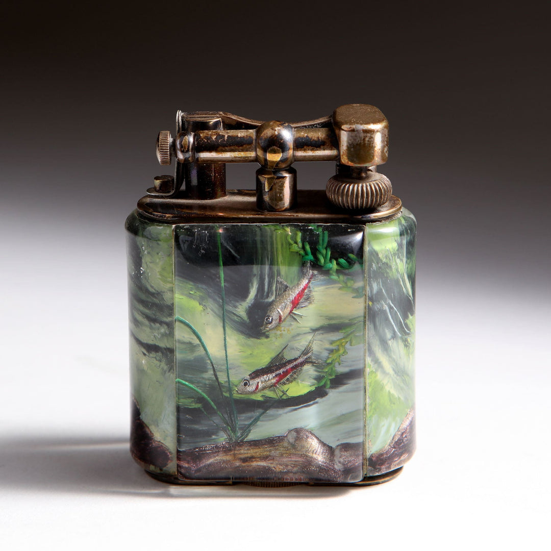 Vintage Service Size Dunhill Aquarium Pocket Lighter with reverse intaglio lucite panels by Collection JA10