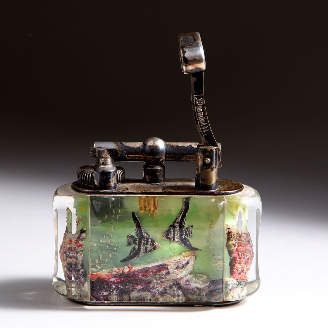 Dunhill Aquarium Table Lighter with scalar fish design in lucite and silver-plated brass by Collection JA10
