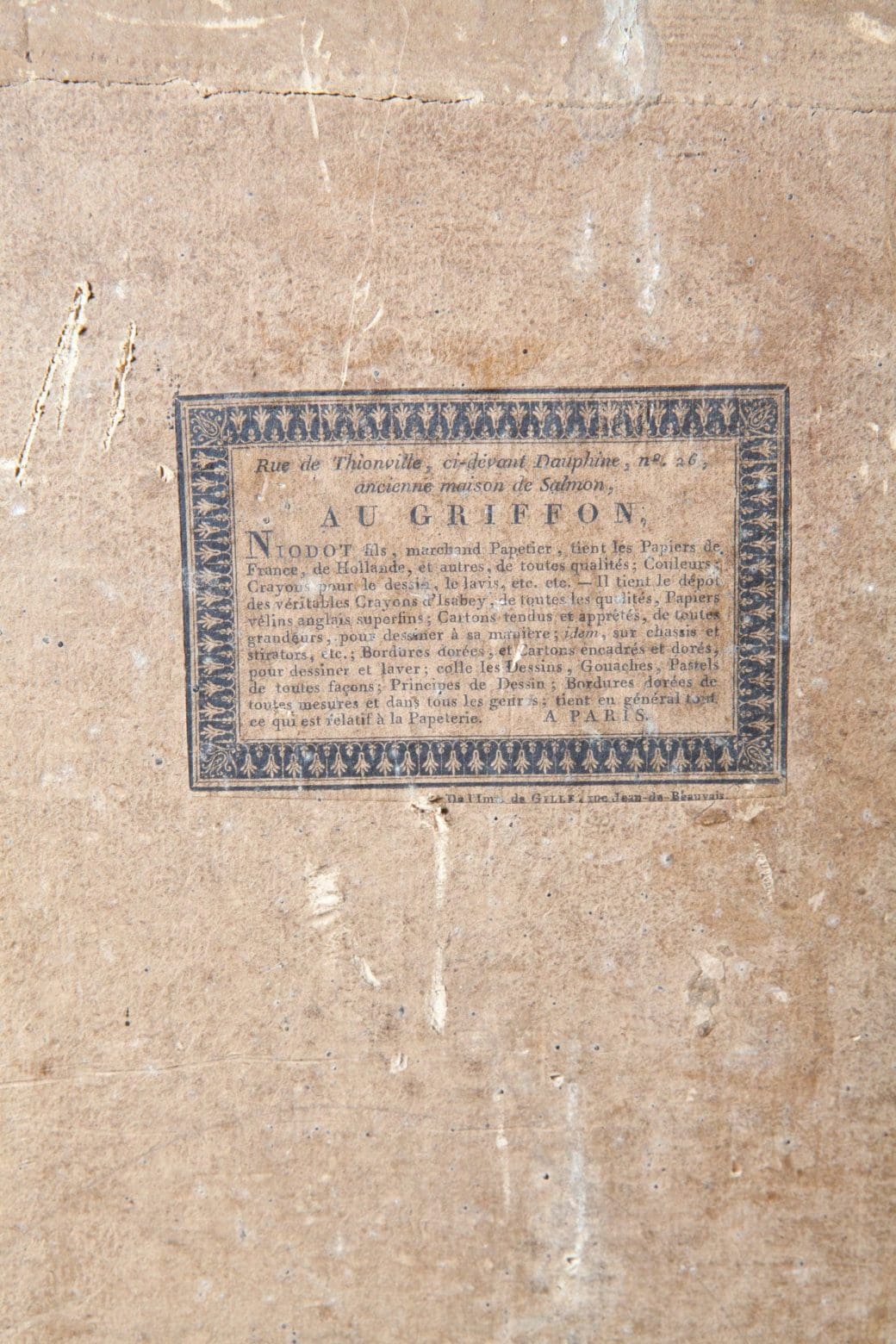Original period retailer label on the back of a Consulat drawing from Collection TH20 with antique paper texture
