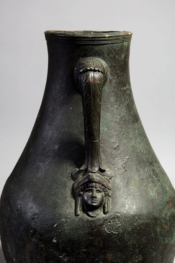 Grand Tour Neapolitan bronze vase with classical face handle detail, circa 1900, Collection TH20.