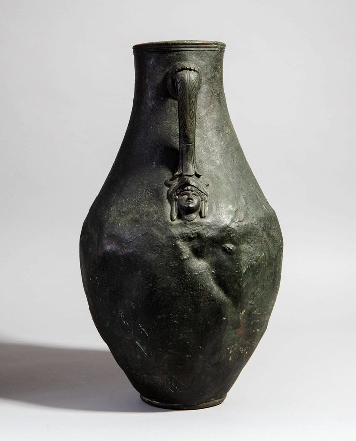 Bronze Grand Tour Neapolitan vase with classical face detail, circa 1900, Collection TH20 elegant antique style vessel