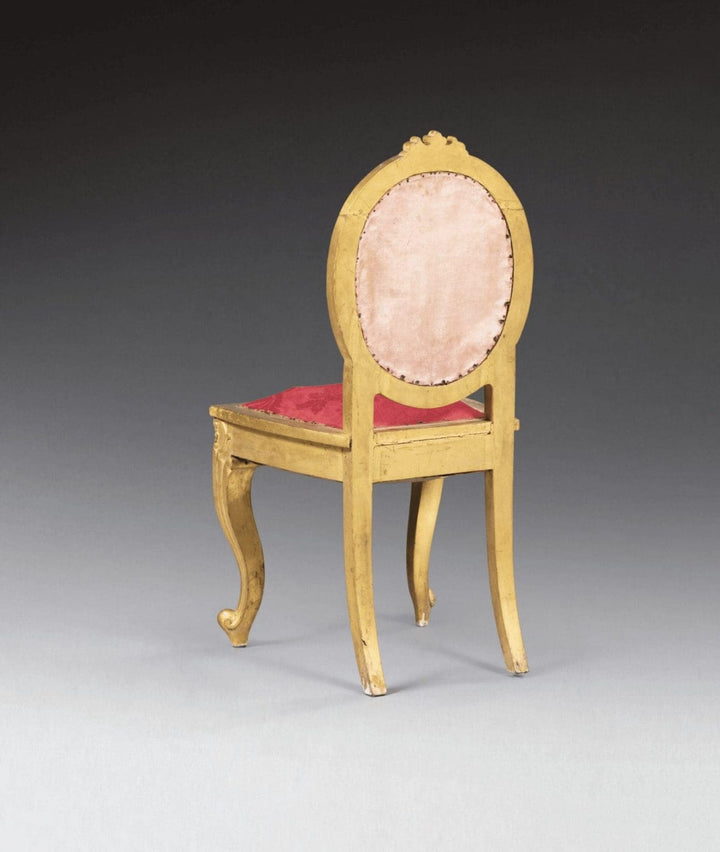 Single Anglo Indian giltwood side chair with red damask upholstery from Collection EE30 vintage set