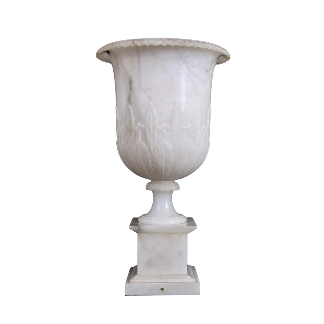 Neoclassical Alabaster Vase on stand, white alabaster with floral reliefs, circa 1900, fitted for illumination.